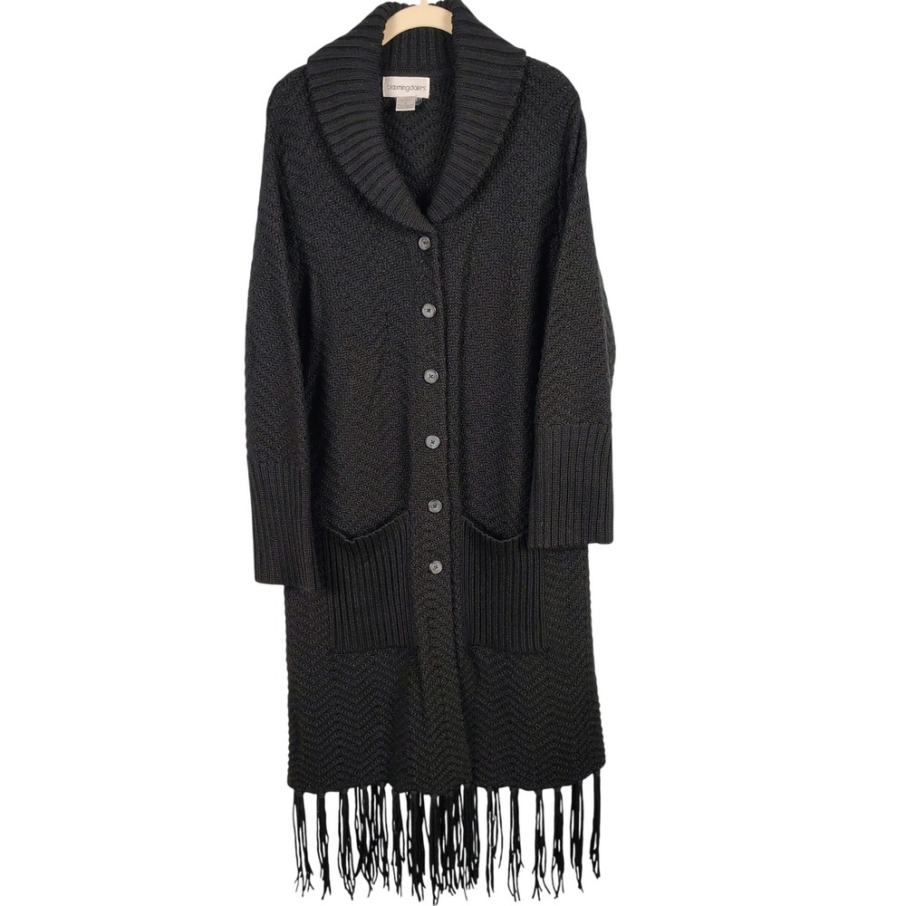 Bloomingdales Womens 1X Longline Fringe Cardigan Black Wool Blend Dark Academia